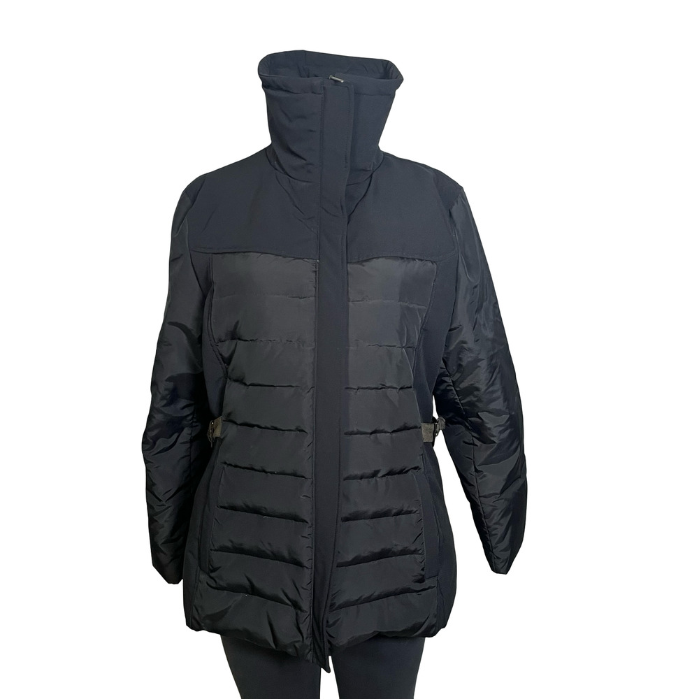 Via Spiga Jacket Womens XL Black Down Puffer Quilted Zip‎ Funnel Collar Belted